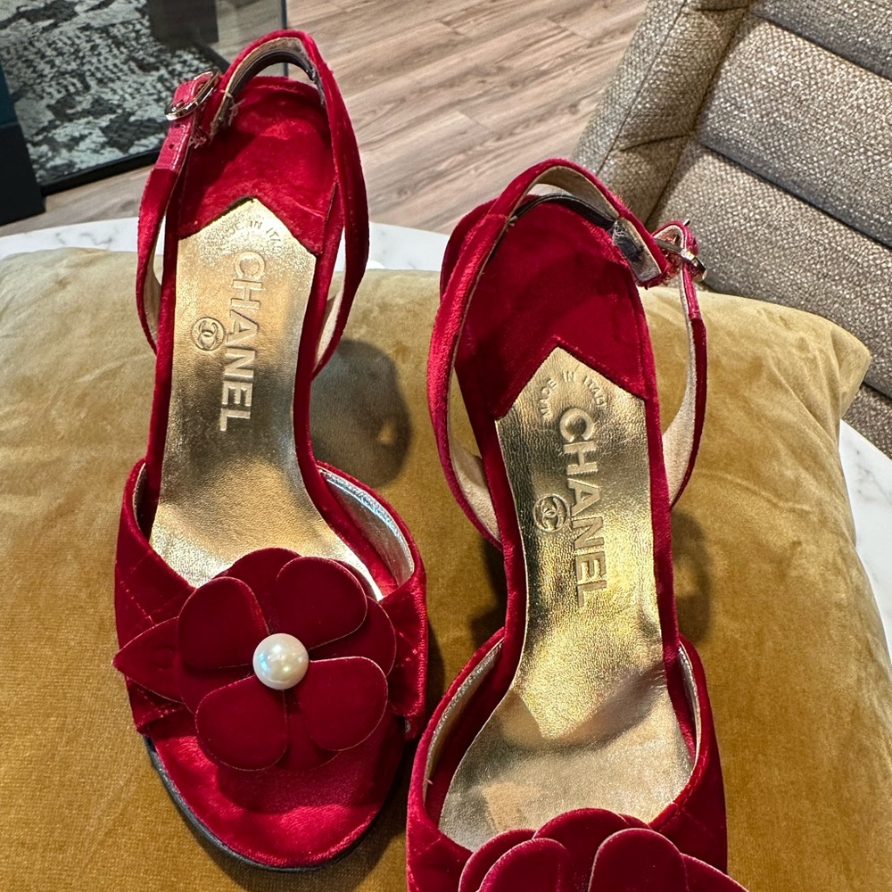 Red Chanel Camellia Velvet Heel with pearl & floral detail